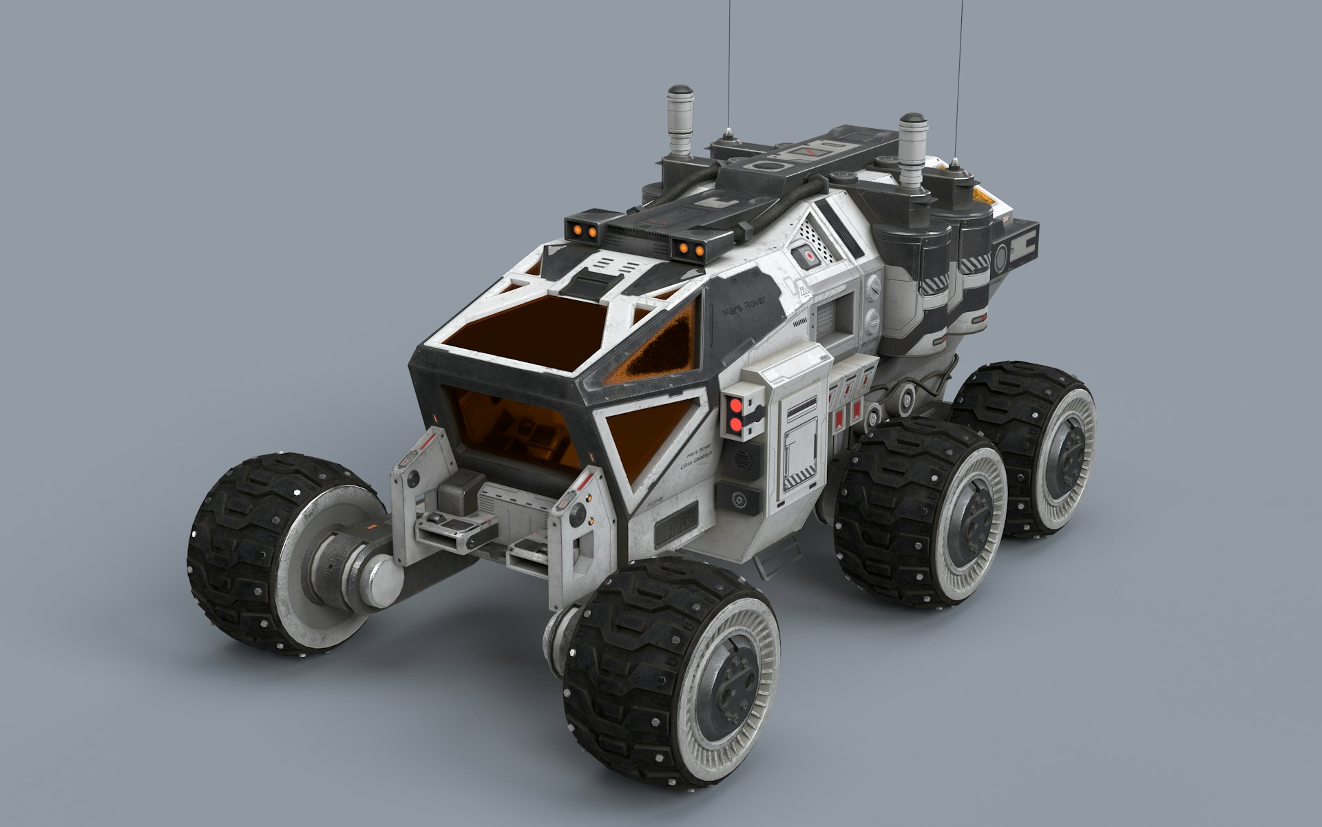 A white and black vehicle on a gray background